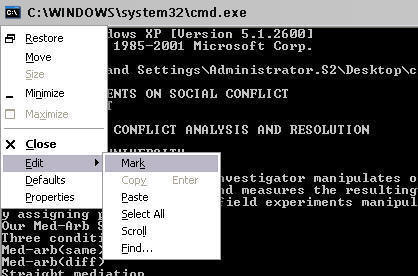 Screenshot shjowing how to mark text in the Command Window.