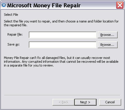 Screenshot of the window that appears with the standard Money file repair choice.