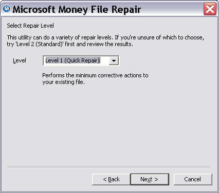 Screenshot of Repair Level Window on Choice 1 - Quick Repair.
