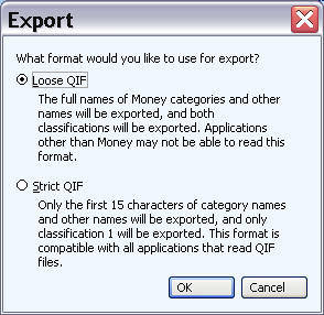 QIF Export choices Window screenshot.