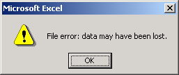 Screenshot of a corrupt Excel file error.