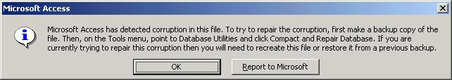 Screenshot of a corrupt Access database error.